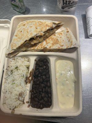 Quesadilla meal comes with three sides. Queso was an extra charge