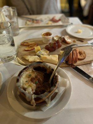 French Onion Soup au Gratin and cheese platter