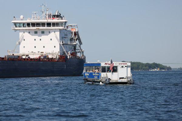 Clayton Island Tours "Rock Island on a Glass Bottom Boat Tour" getting an awesome view of a Great Lakes Freighter on the St. Lawrence River.