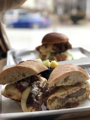 Sausage breakfast sandwich with garlic knot sauce