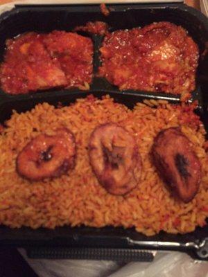 Stew chicken, jollof rice and plantain