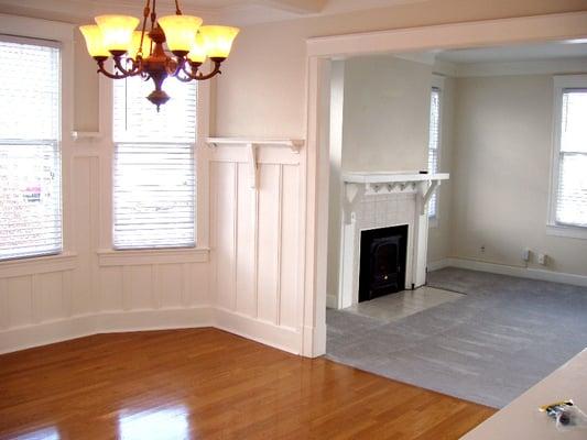 Formal Dining, Wainscotting,  Leaded Glass Windows, Brick  & Tile Fireplaces