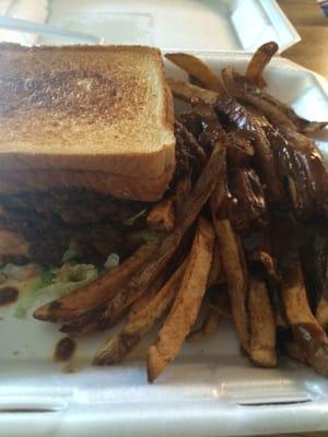 Monster Burger (2 grilled cheese sandwichs with a chili cheese burger inside) with gravy fries