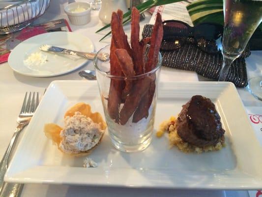 Chicken salad in Phyllo cup, sweet potato fries, & beef atop corn pudding at the Women's Center Luncheon