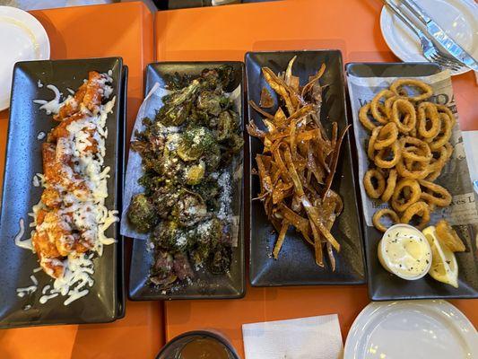 L-r: Tteokbokki, Brussels Brussel Sprouts & Bacon, Maple Glazed Sweet Potato Sticks, Crispy Calamari