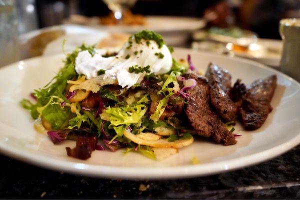 Frisée & warm thick-cut bacon salad (steak added).