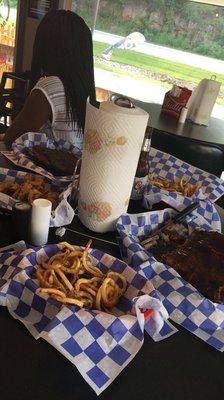 Ribs GREAT. curly fries and fried pickles