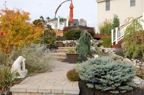 Multi-level pond and landscaping.