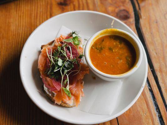 Spinach Lentil Soup and Salmon Toast