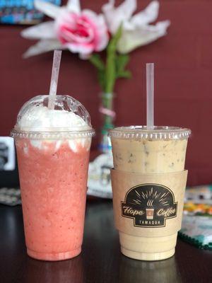 Strawberry banana smoothie & iced latte