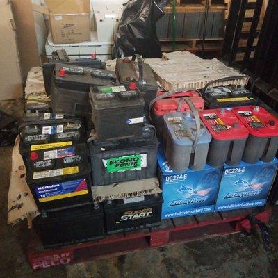 Old batteries heading to the graveyard. We accept Lead acid for no charge and a small fee for other chemistries.