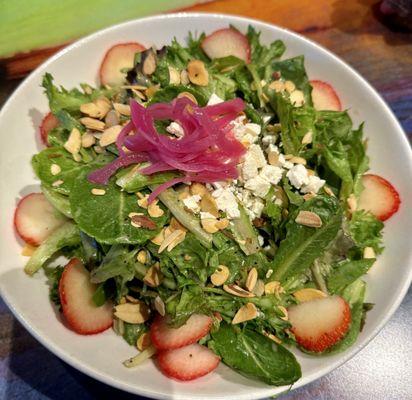 Strawberry fields salad, nice size salad, tasty but...the strawberries not sweet, tons of greens and light on cheese & nuts.