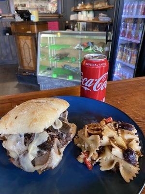 Lunch Special...roast beef, Swiss cheese, caramelized onion served with pasta salad