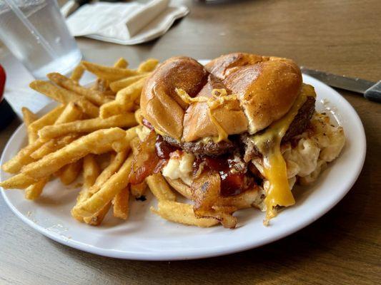 Seven dollar special of the day mac & cheese burger with french fries