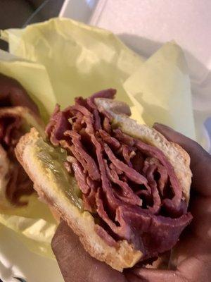 The Pastrami Sandwich has a good amount of pastrami for the size of the sandwich. A bit salty though