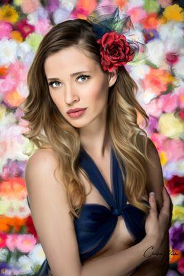 flower wall and beautiful jessie in navy blue by Chicago photographer Christina Wehbe