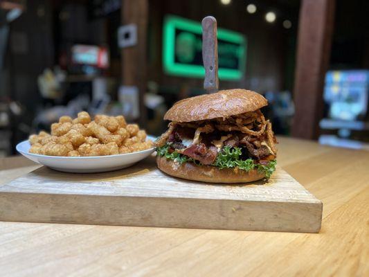 The Mammoth burger with tots