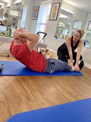 My husband (and French Bulldog puppy) at our most recent session with Blaire at Sharp Pilates.