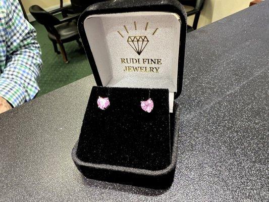 Heart shaped custom pink topaz stud earrings