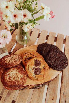 Snickerdoodle, chocolate chip, and chocolate chocolate chip cookies