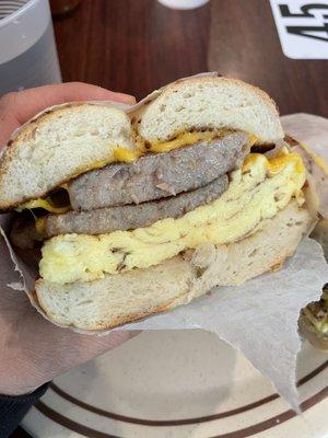 Sausage, egg and cheese on an everything bagel