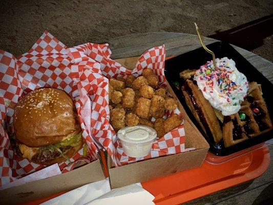 Matrix Burger, Sriracha Ranch Tots, and Birthday Cake Waffle.