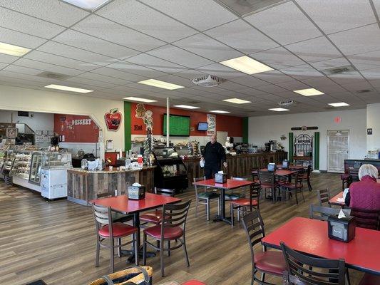 On the left is the counter selling pastries, bakery and bread. On the right is the counter selling sandwiches