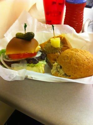 Triple slide:  grandma's burger, rosemary chicken, & hot Hawaiian.