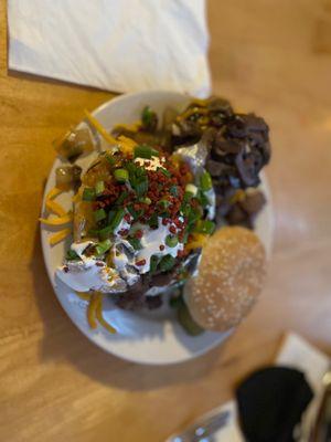 Mushroom Cheeseburger Baked Potato fully loaded