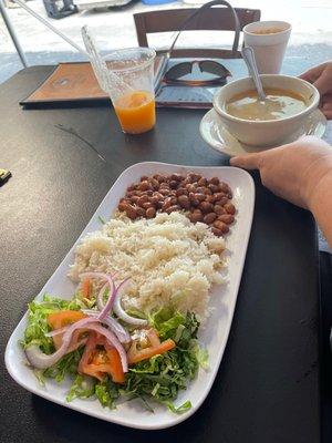 Salad, rice and beans with a small soup.  (Special of the day )