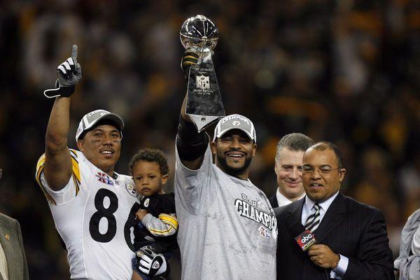 Hines Ward and Jerome Bettis after the Steelers won Super Bowl XL in 2006 (2005 season).