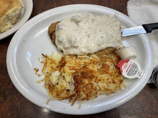 Country fried steak and hash browns