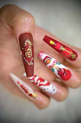 Lunar new year nails design by Crystal. 
Booking: https://crystalngo.glossgenius.com