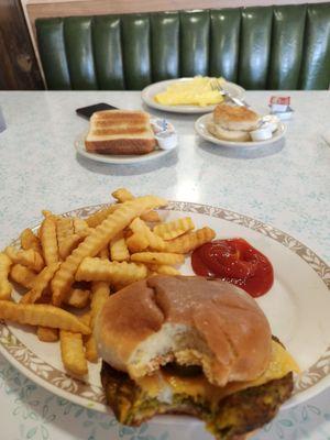 Veggie burger and Blue Jay breakfast