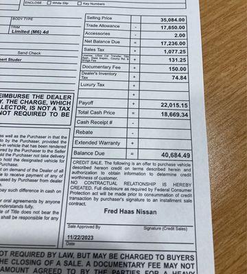 Second purchase order showing how vehicle price increase