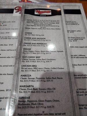 Separate pizza menu