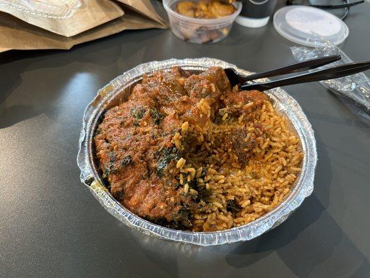 Cow, spinach, and jollof rice