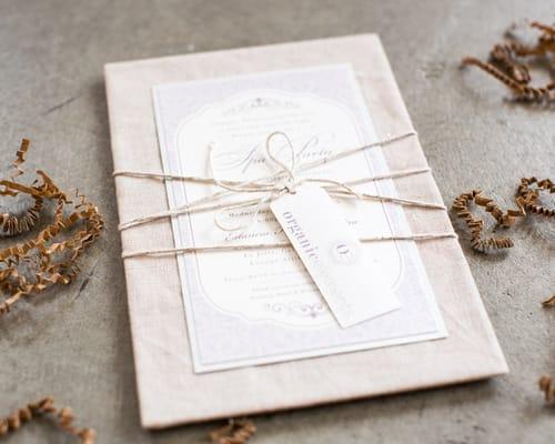 Linen Fabric wrapped wedding invitation