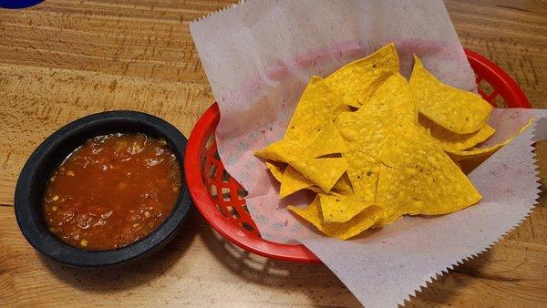 Complimentary chips and salsa. On the spicy side!