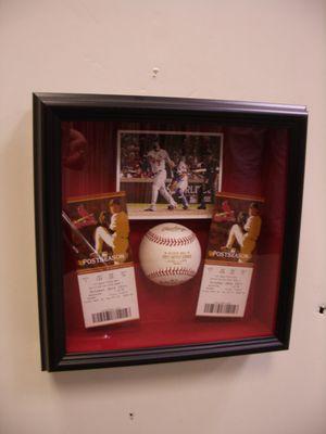 World Series Shadowbox with tickets and a ball.