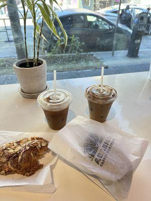 Almond croissant, Cafe con Leche and Iced Cafe de Olla