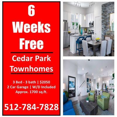 Cedar Park Townhomes | 6 Weeks Free | 3 Bedroom