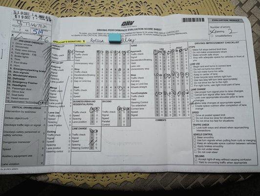 DMV Driving Test Score Sheet 12/15/22