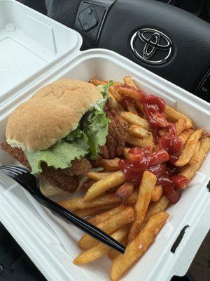 Fish sammich. Fries. Tomato blood (read that like Gordon Ramsay) and a Toyota logo.