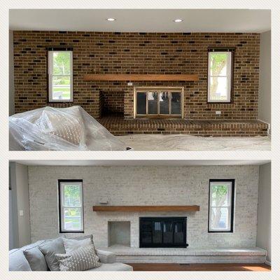 Whitewash technique to get beautiful and distressed look of the brick fireplace.