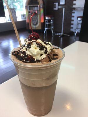 Old fashioned chocolate ice cream soda with whipped cream and a cherry on tio