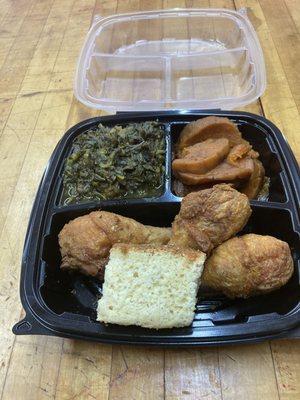 Fried Chicken, Greens, Candied Yams, & Cornbread