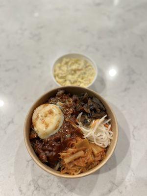 Build your own bowl with Bulgogi, glass noodles, sautéed Kimchi, mushrooms, pickled radish, and poached egg.