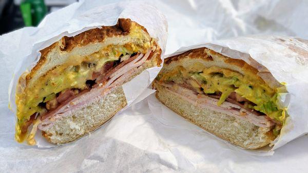 Shack Stack sandwich with mustard and Fiery Chipotle Gourmaise (?)