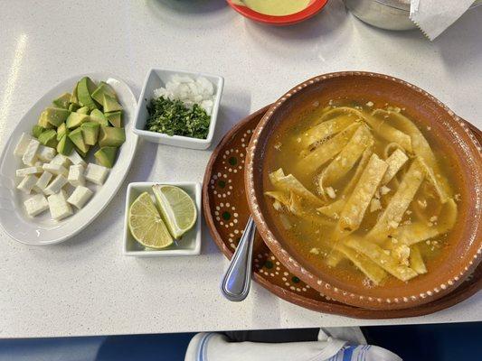 Tortilla chicken soup ( shredded chicken settled at the bottom)